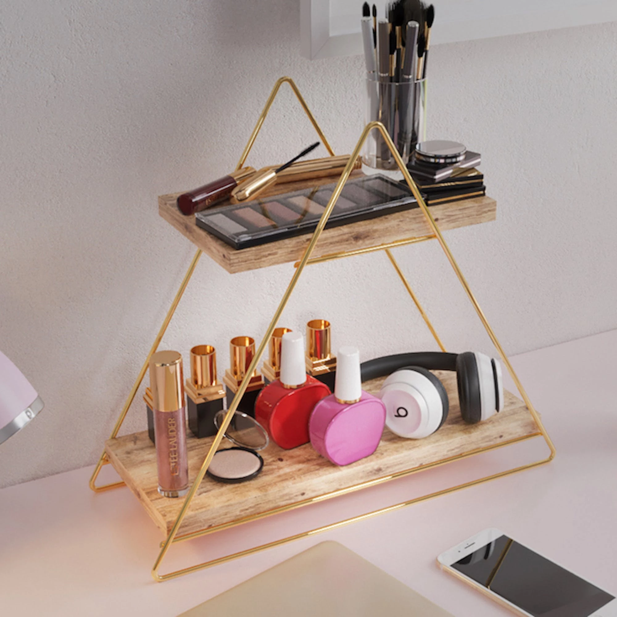 Null Arbeitsplatte Regal Aus Holz Und Metall Gold Mit 2 Ablagen, Badregal, Holzregal, Regalbrett Organizer Und Aufbewahrung Für Badezimmer Wohnzimmer Küche – Bild 4