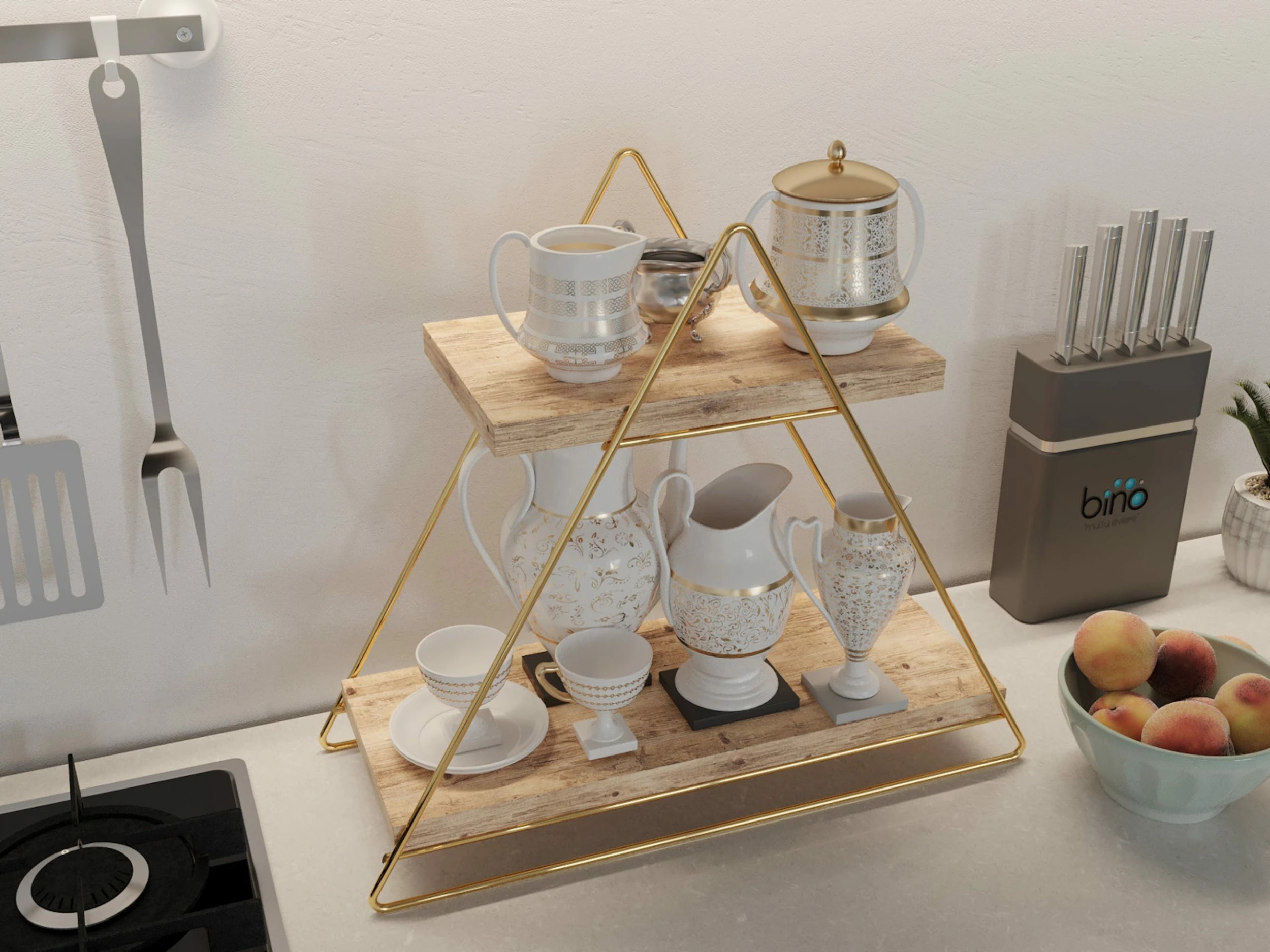 Null Arbeitsplatte Regal Aus Holz Und Metall Gold Mit 2 Ablagen, Badregal, Holzregal, Regalbrett Organizer Und Aufbewahrung Für Badezimmer Wohnzimmer Küche – Bild 7