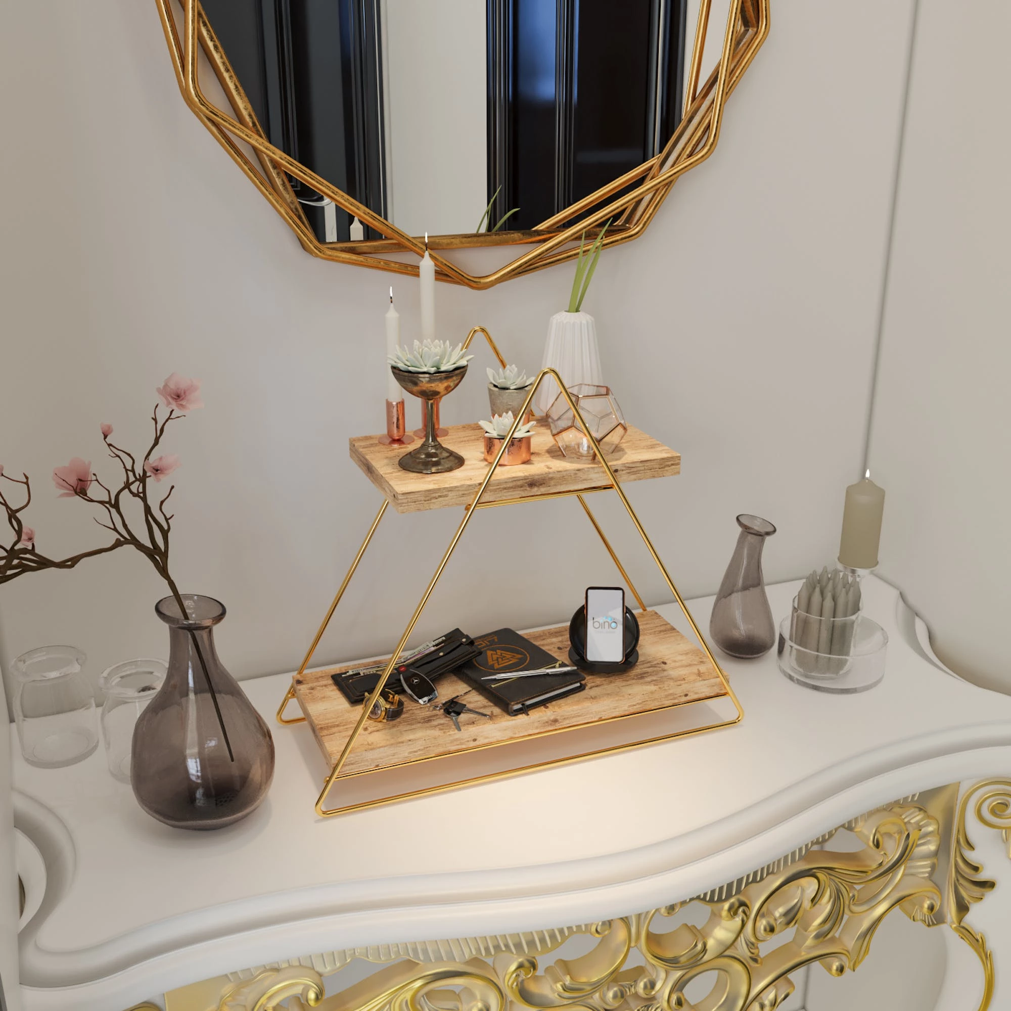 Null Arbeitsplatte Regal Aus Holz Und Metall Gold Mit 2 Ablagen, Badregal, Holzregal, Regalbrett Organizer Und Aufbewahrung Für Badezimmer Wohnzimmer Küche – Bild 3