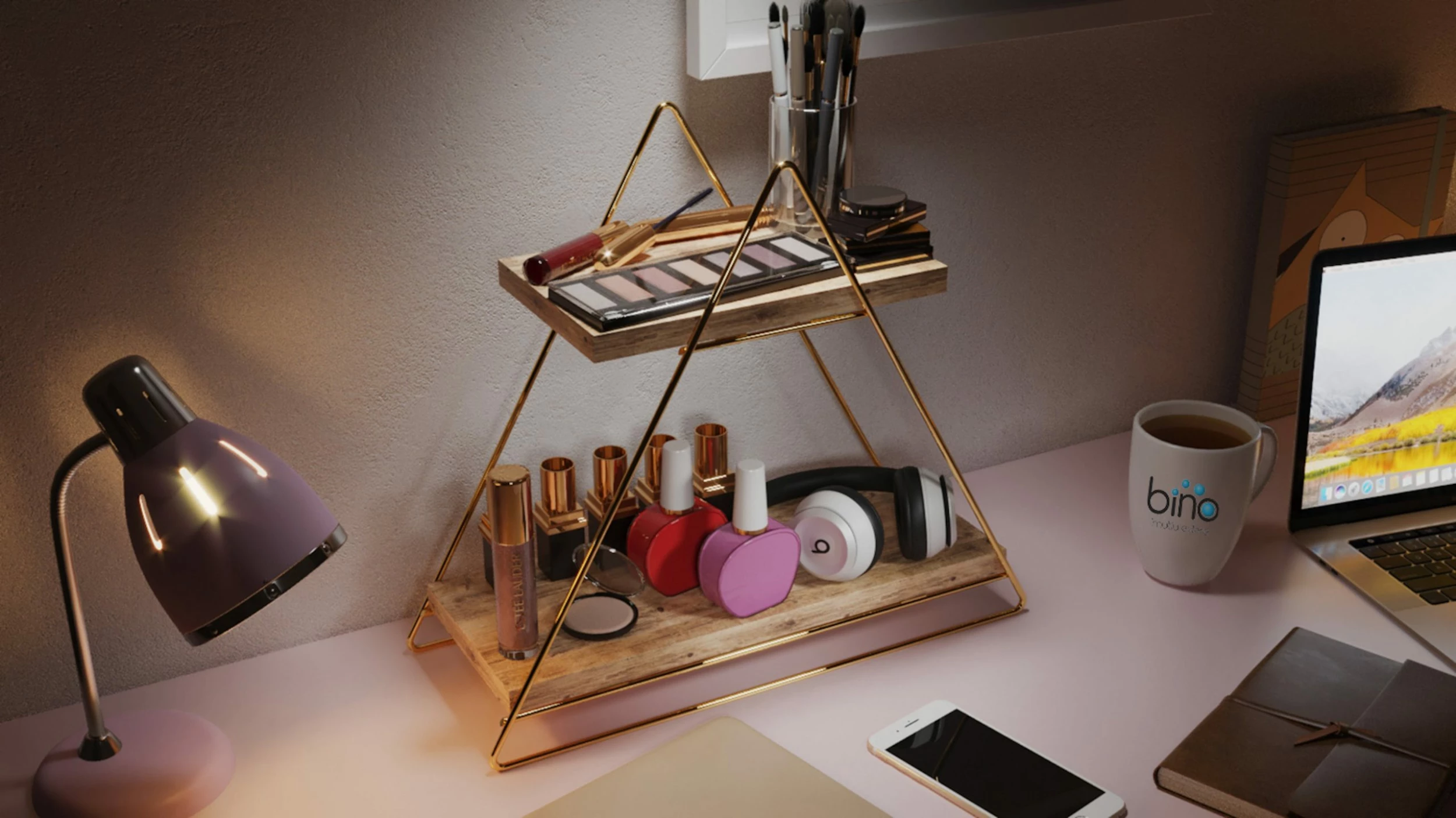 Null Arbeitsplatte Regal Aus Holz Und Metall Gold Mit 2 Ablagen, Badregal, Holzregal, Regalbrett Organizer Und Aufbewahrung Für Badezimmer Wohnzimmer Küche – Bild 5